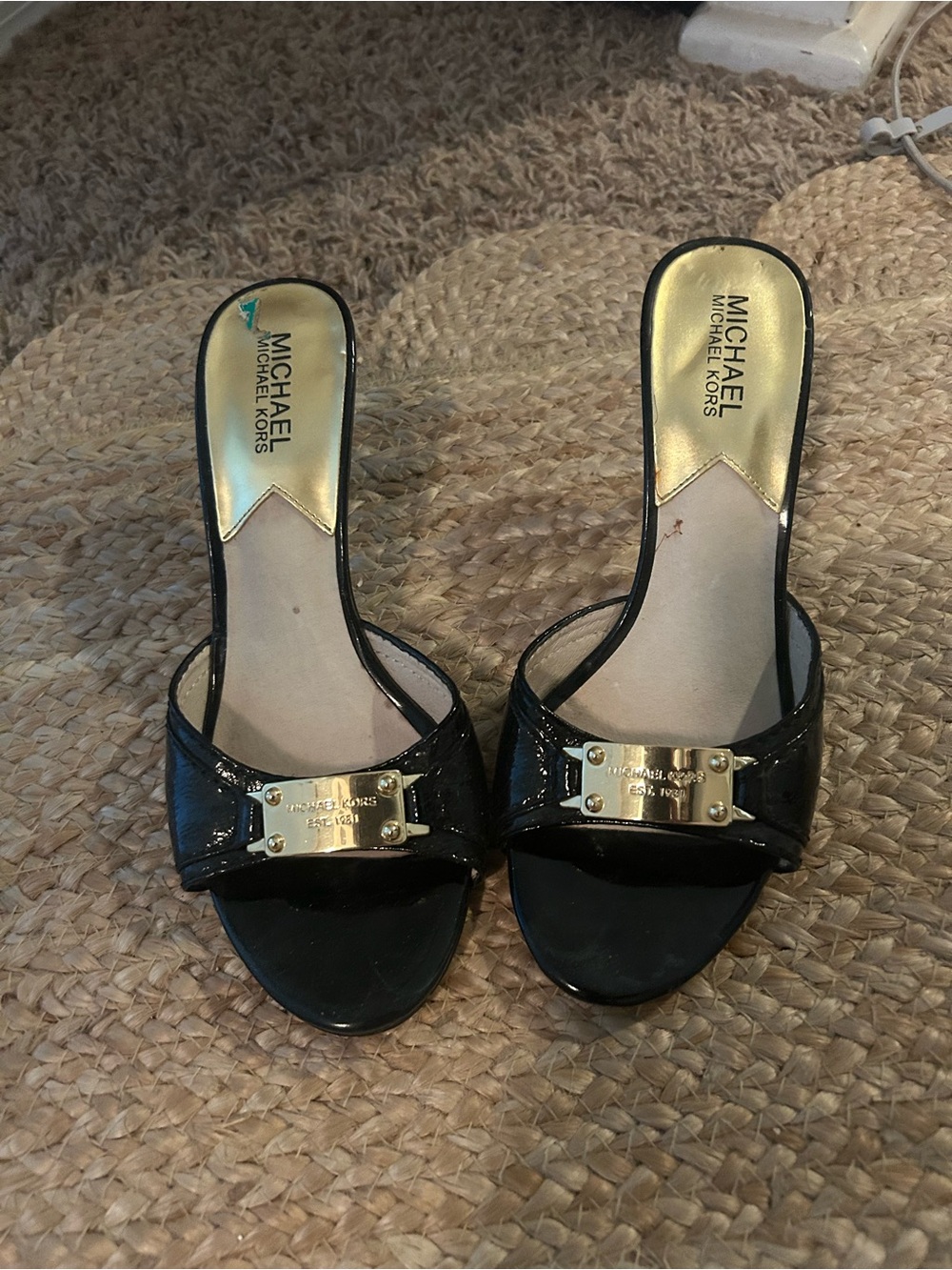 Michael Kors Black Patent Leather Slide Mules with Gold Plaque